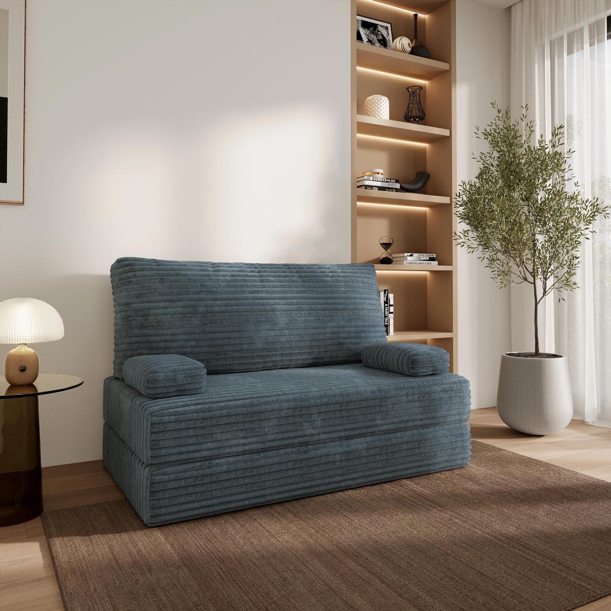 BETTSOFA LADIA aus Schaumstoff Kordstoff Grau Schlaffunktion - Blaugrau, Textil (140/86/60cm) - MASSENO