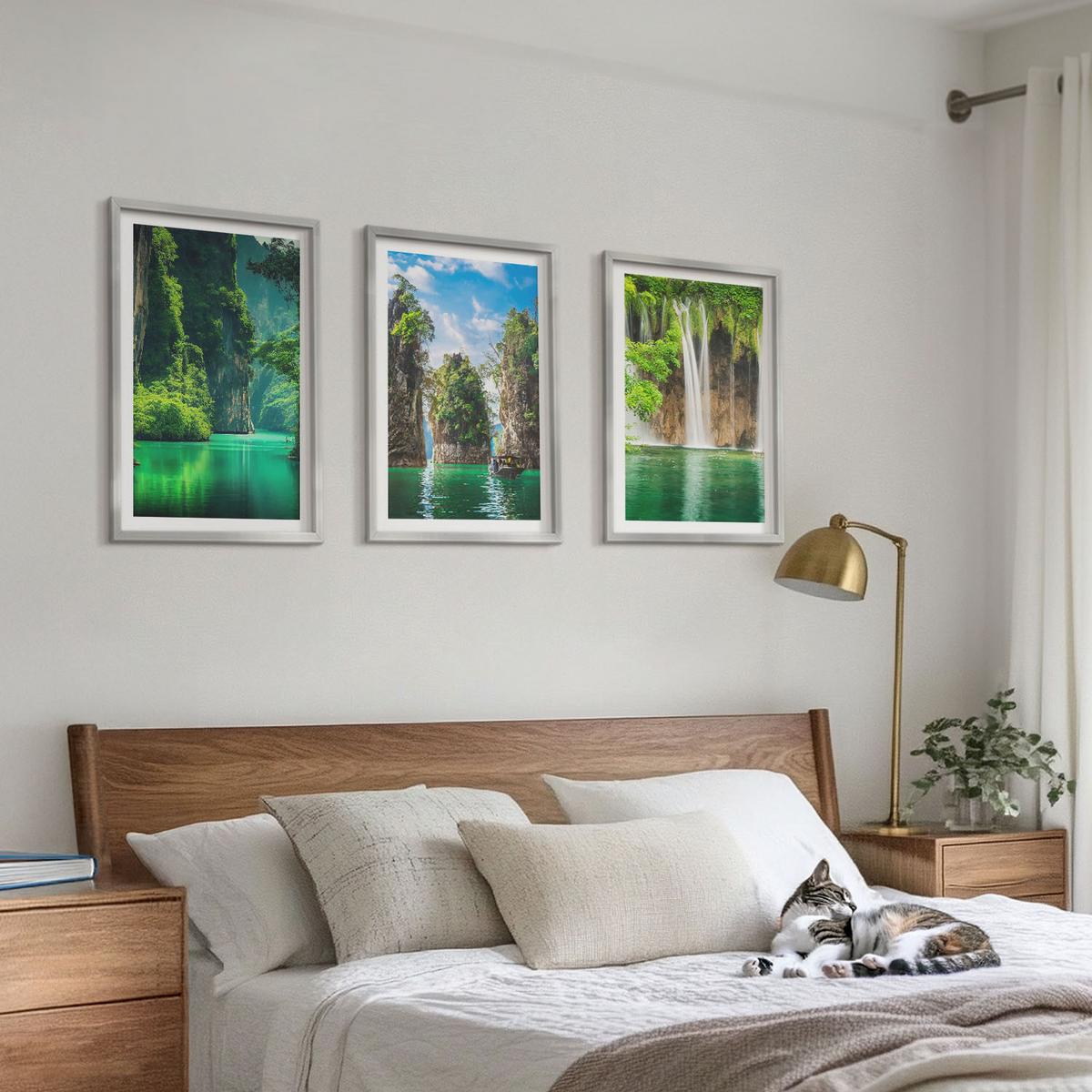 BILDER SET 3er Set - 40x60 cm Silberner Rahmen - Grüne Landschaften, Wasserfälle - Silberfarben, Kunststoff (40/60cm) - TULUP