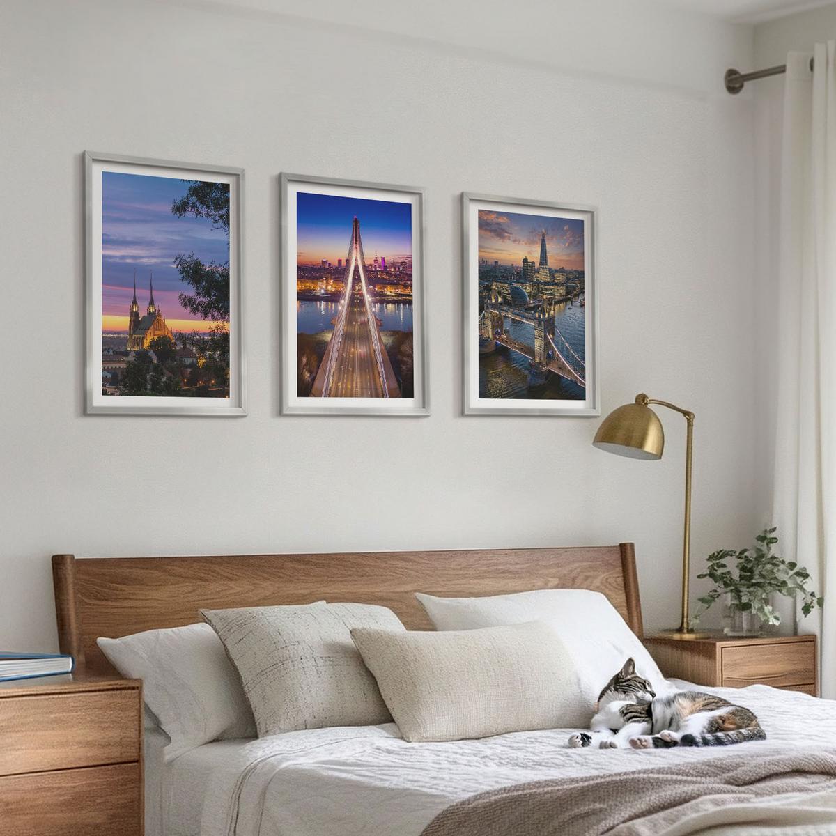 BILDER SET 3er Set - 40x60 cm Silberner Rahmen - Ausblicke auf Brücken und Sonnenuntergänge - Silberfarben, Kunststoff (40/60cm) - TULUP