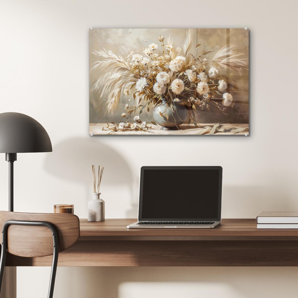 ACRYLGLASBILD Blumen - Vase - Stilleben - Beige Wanddeko 60x40 cm - Creme, Glas (60/40cm) - MuchoWow