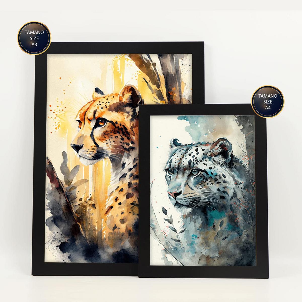 POSTER Set Mit 6 Katzen Illustrationen Von Tieren In Naturlandschaften, Realistischer Aquarellstil Innenarchitektur A3 & A4 Schwarzer Rahmen - Schwarz, Papier (29/3cm) - Nacnic