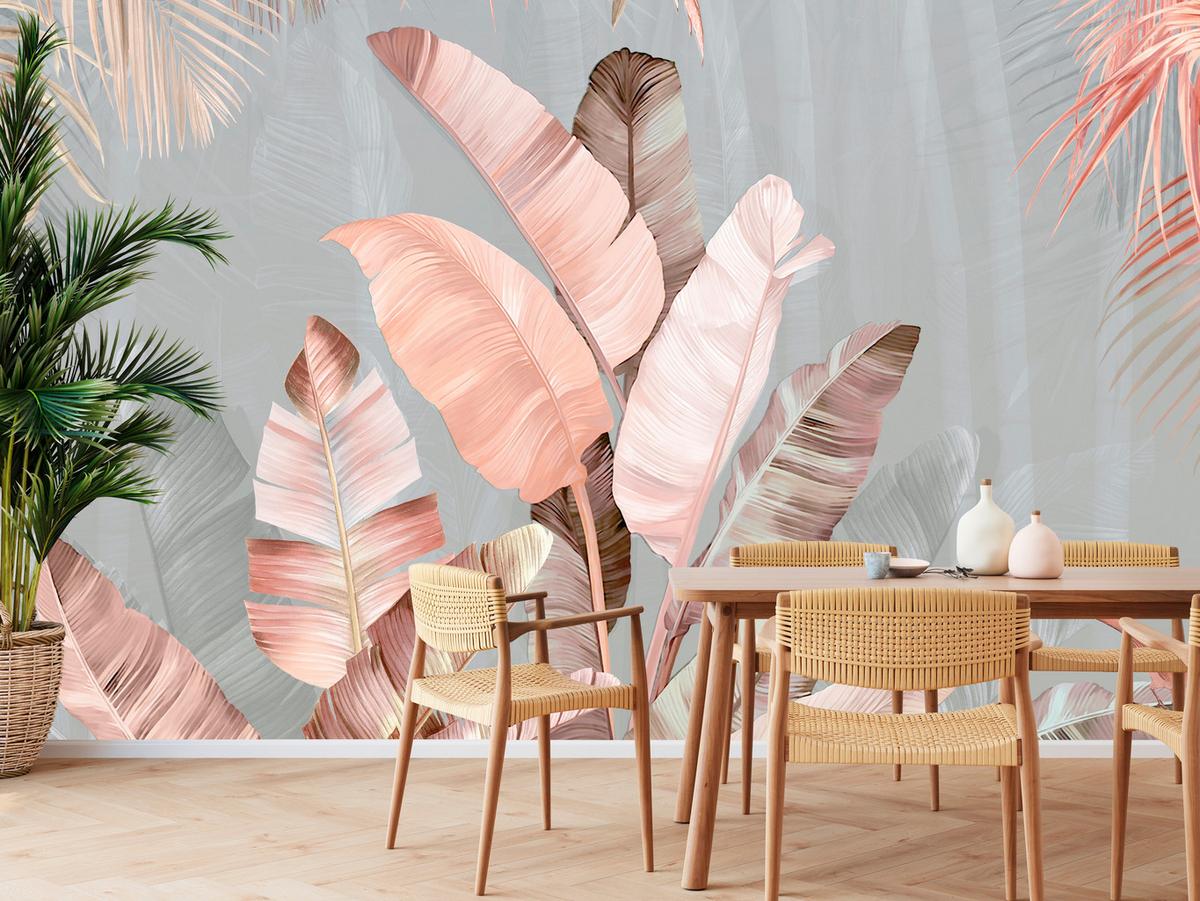 FOTOTAPETE für Esszimmer Tropische Pastell Bananenblätter 350x256 - Beige/Rosa, Papier (350/256cm) - Muralo
