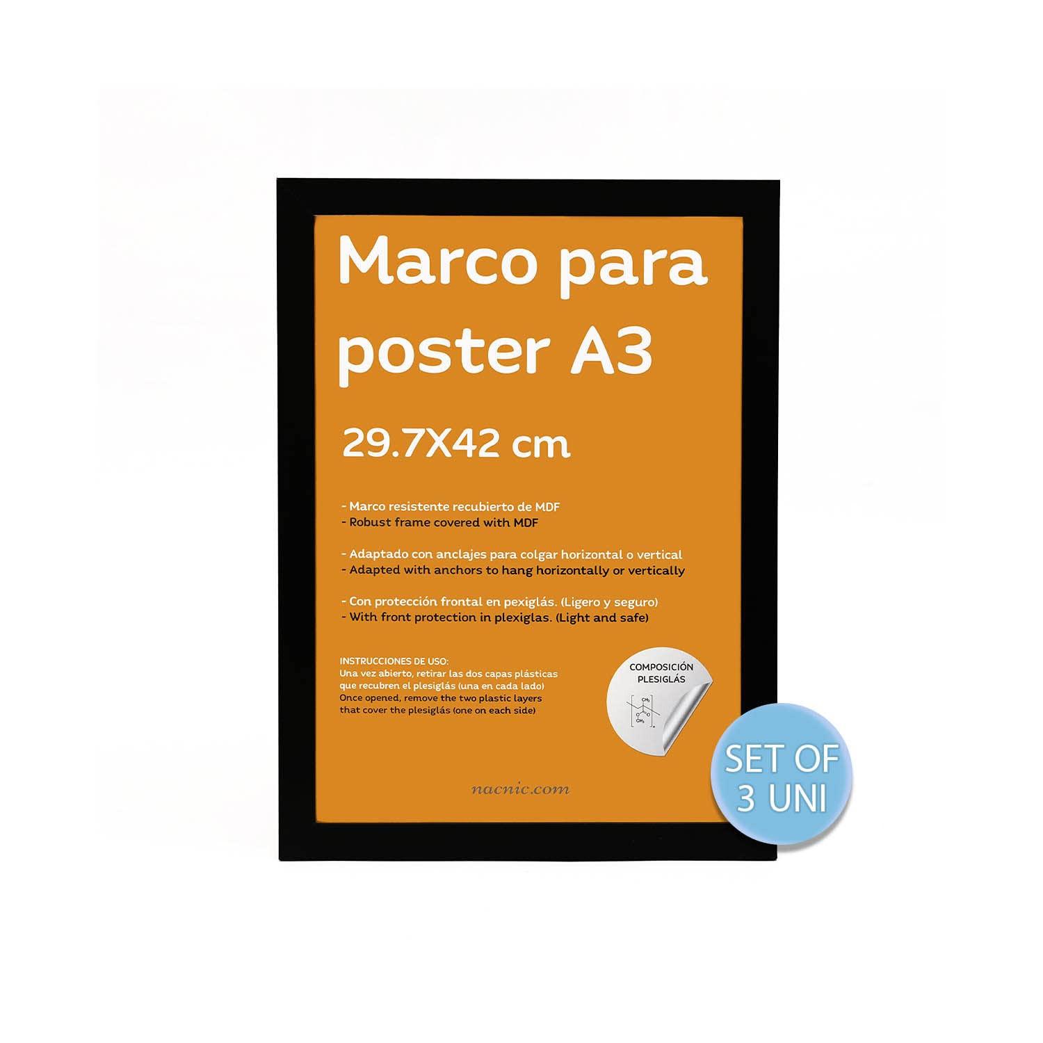 RAHMEN Set mit 3 aus MDF und Acrylglas Schutz und Aussteller für Fotografien, Bilder, Poster, Gemälde, Dekoration für Haus Farbe Schwarz A3 - Schwarz, Holz (29.7/3cm) - Nacnic