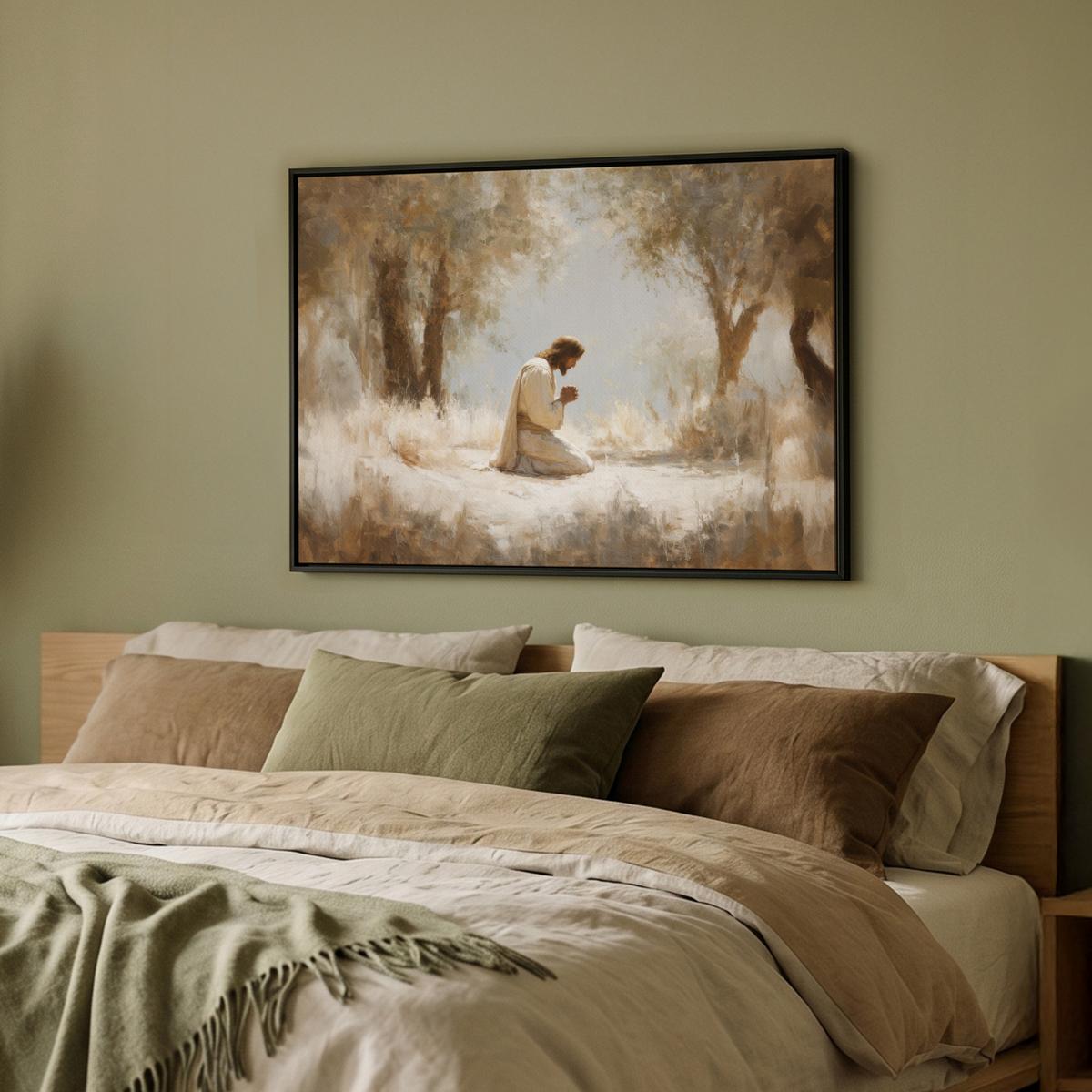 LEINWAND Bilder mit Rahmen - Jesus - Kniend - Waldlandschaft - Betend - 70x50 - Beige, Textil (70/50cm) - MuchoWow