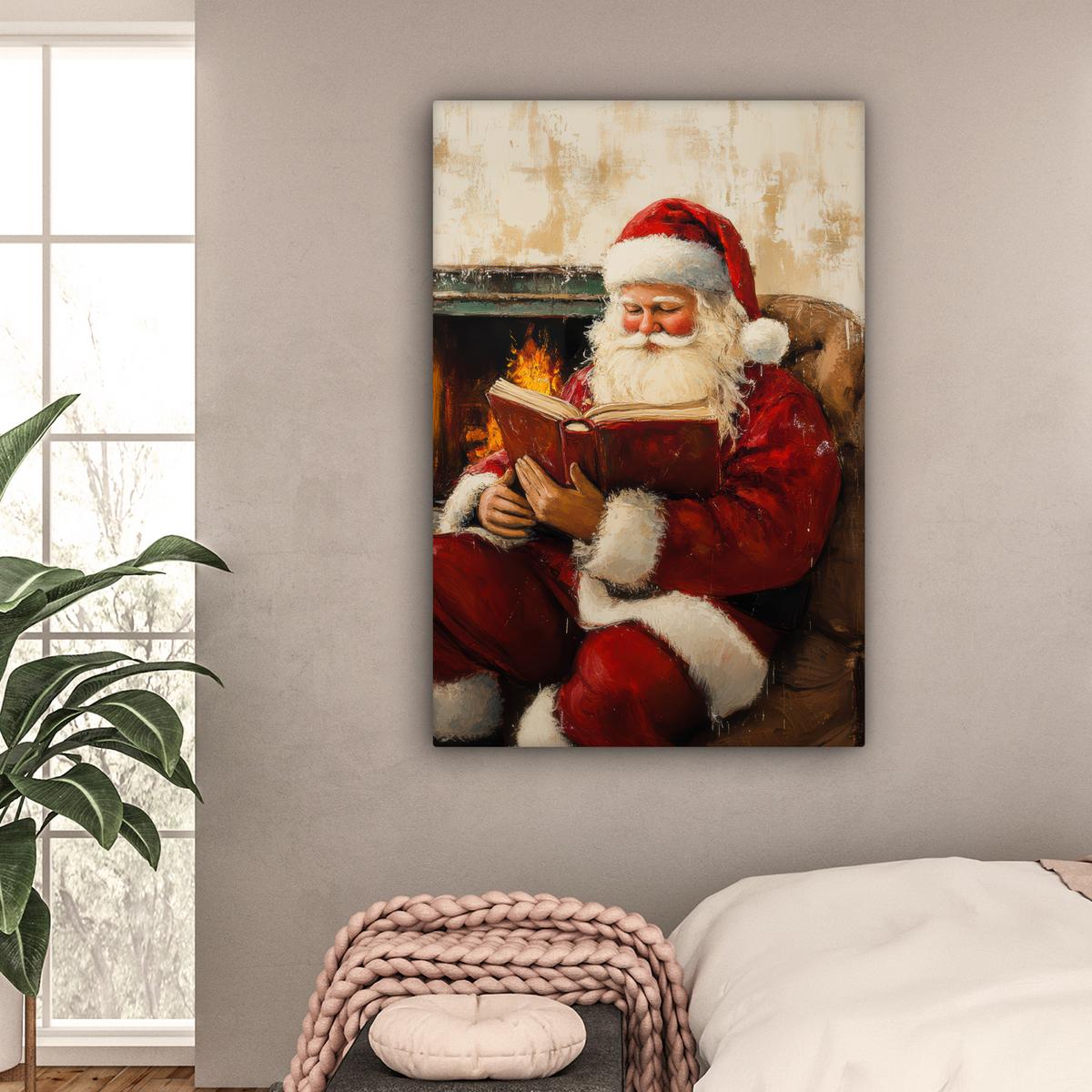 LEINWANDBILD Weihnachten - Weihnachtsmann - Winter - Open Fireside Deko XXL 80x120 cm - Dunkelrot, Textil (80/120cm) - MuchoWow