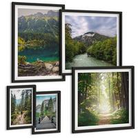BILDER SET 5er Set - 50x50 cm & 20x30 cm & 40x60 cm Schwarzer Rahmen - Straße Wald Berge Hirsch Natur - Schwarz, Kunststoff (40/60cm) - TULUP