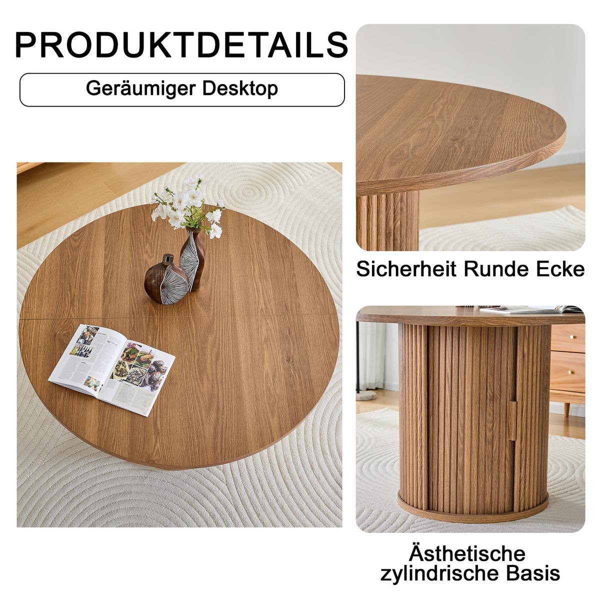 ESSTISCH aus Holzwerkstoff in Nussbaum-Optik, rund (Ø 120cm) mit Lamellen-Sockel und Stauraum - Walnussfarben, Holzwerkstoff (120/120/75.5cm) - Urban Meuble