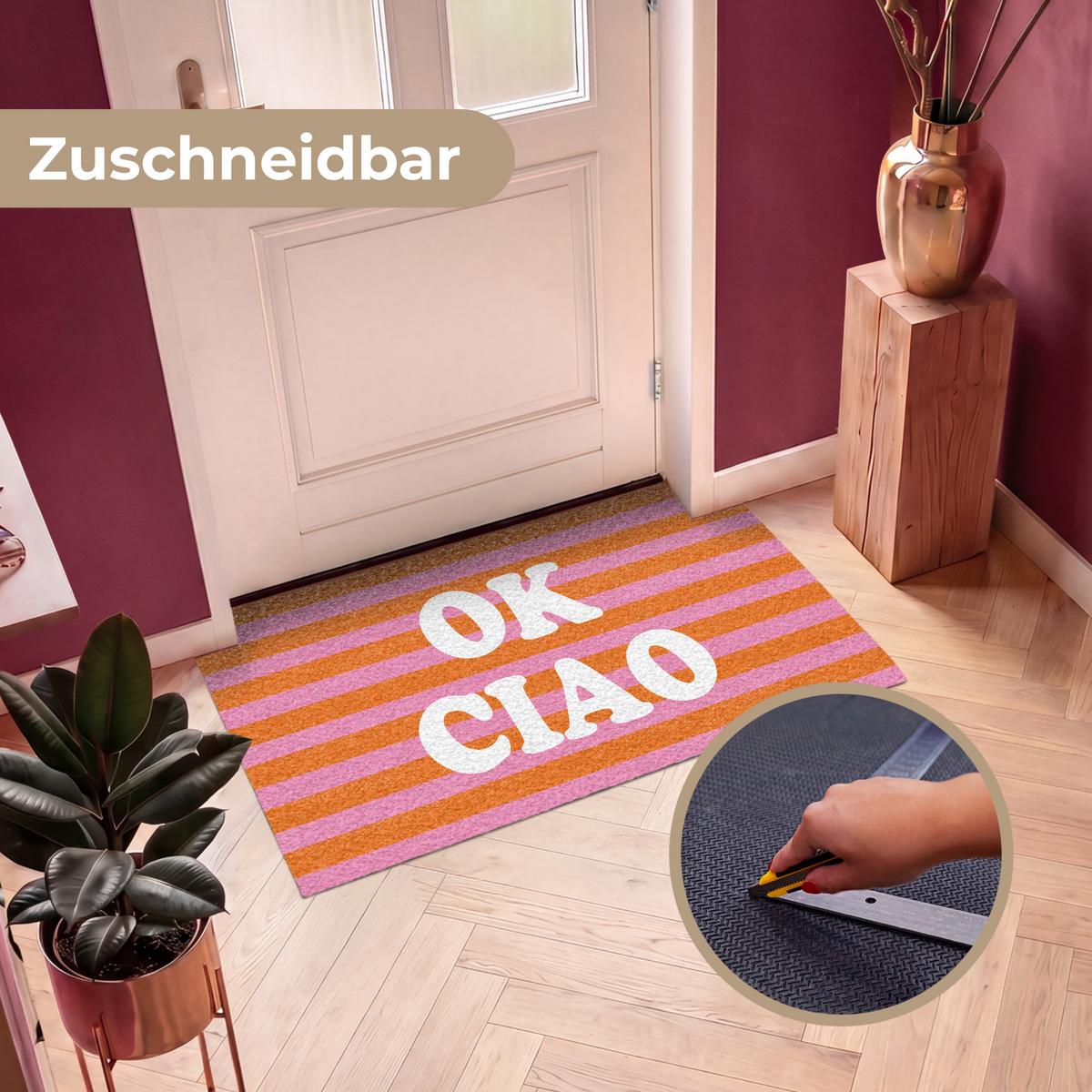 FUSSMATTE Ciao - Zitat - Streifen Sauberlaufmatte 120x80 cm - Orange, Kunststoff (120/0.4cm) - MuchoWow