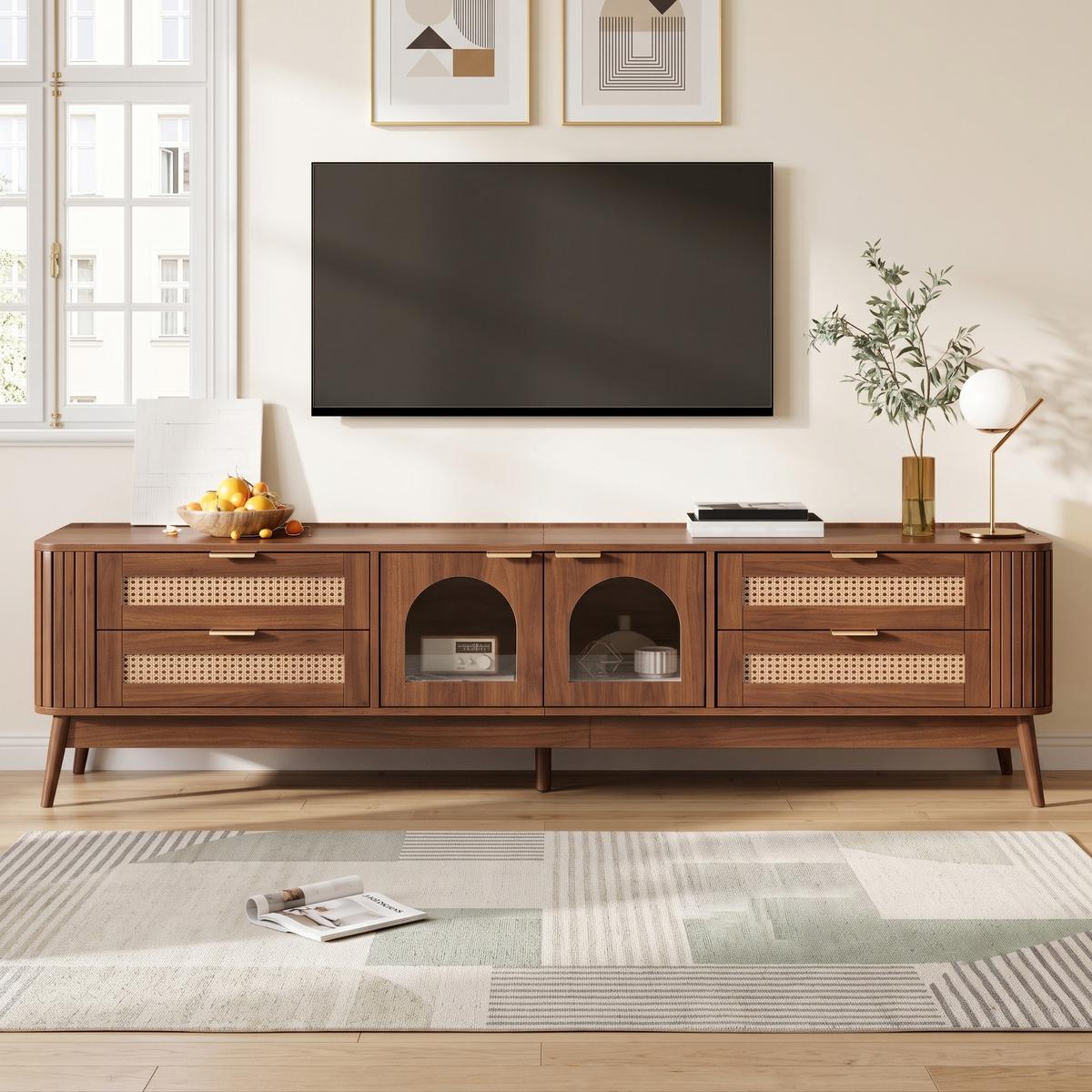 TV-LOWBOARD Nussbaum mit LED-Beleuchtung, Bogen-Glastüren & 4 Schubladen - Walnussfarben, Holzwerkstoff (180/50/40cm) - Urban Meuble