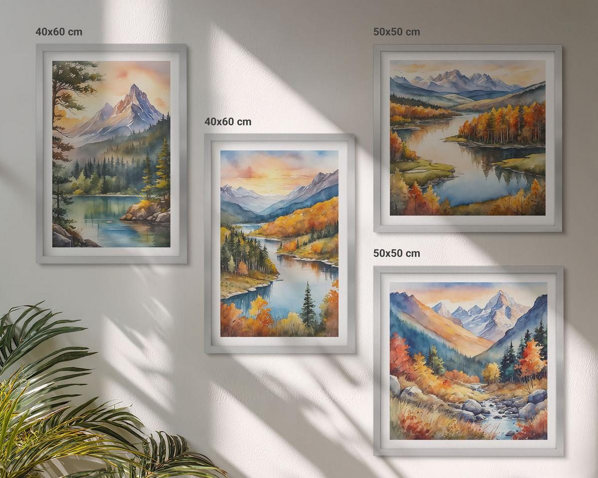 BILDER SET 4er Set - 50x50 cm & 40x60 cm Silberner Rahmen - Berglandschaften mit einem Fluss - Silberfarben, Kunststoff (50/50cm) - TULUP