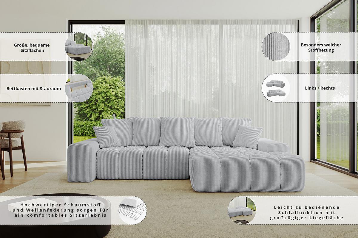 ECKSOFA Ottomane Rechts ENSI-L - 267x164x69 cm Platinfarben - Platinfarben, Holzwerkstoff/Kunststoff (164/267cm) - ALTDECOR