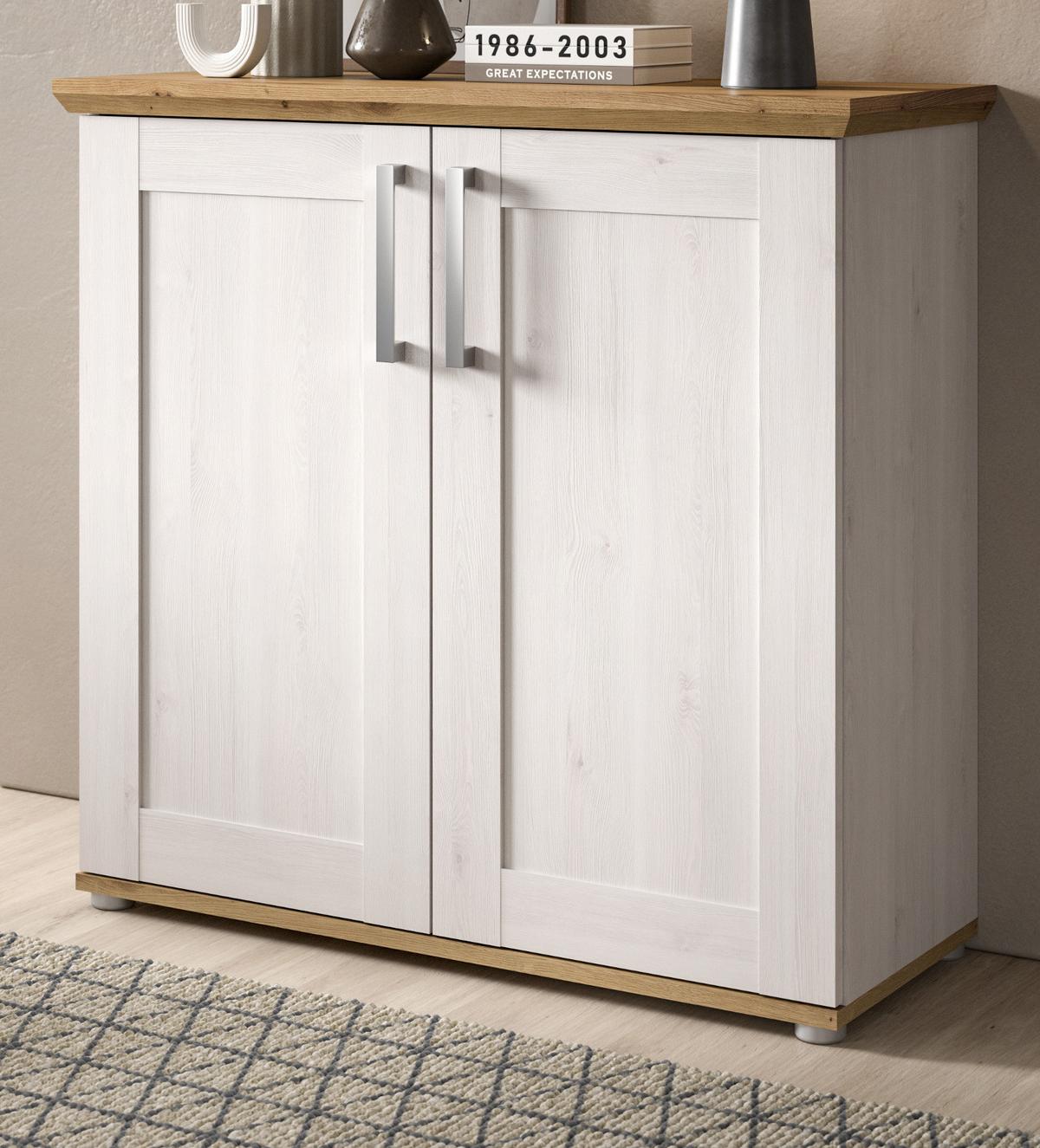 KOMMODE weiß Lärche, Eiche Artisan 95 cm, Sideboard im Landhaus-Stil - Silberfarben/Weiß, Holzwerkstoff/Kunststoff (95/92/39cm) - Inn.Furn