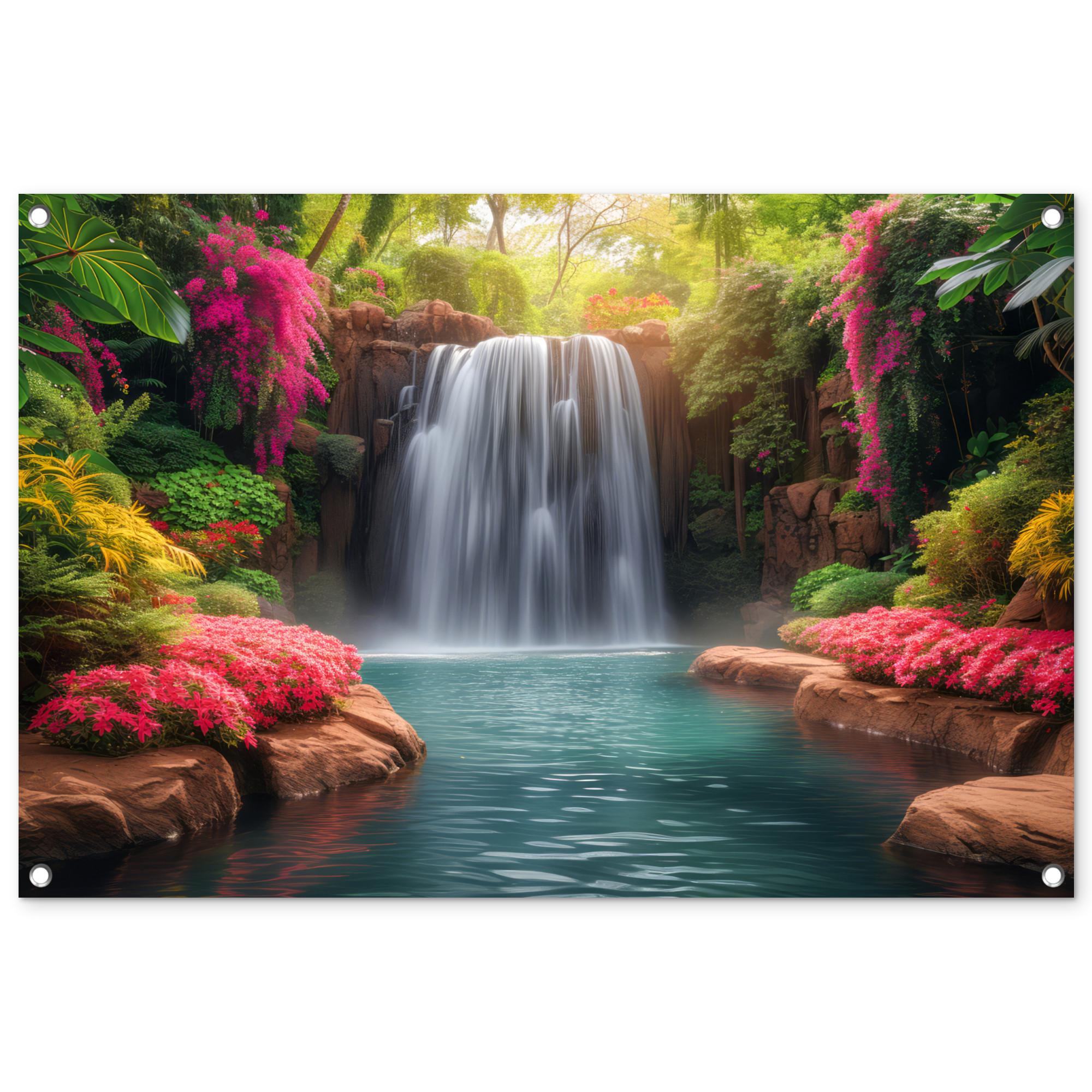 GARTENPOSTER Wasserfall - Natur - Pflanzen - Dschungel - Wasser Gartendeko 90x60 cm - Grün, Kunststoff (90/60/0.2cm) - OnlyWow
