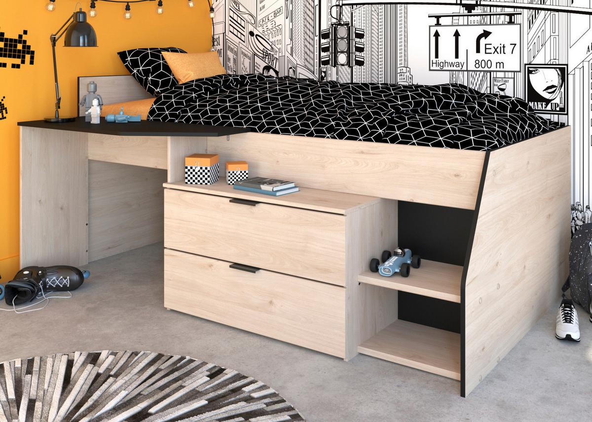HOCHBETT Jugendzimmer Bett 90 x 200 cm 2x Schubkasten, Stauraum - Eichefarben/Schwarz, Holz/Holzwerkstoff (90/200cm) - Parisot Meuble