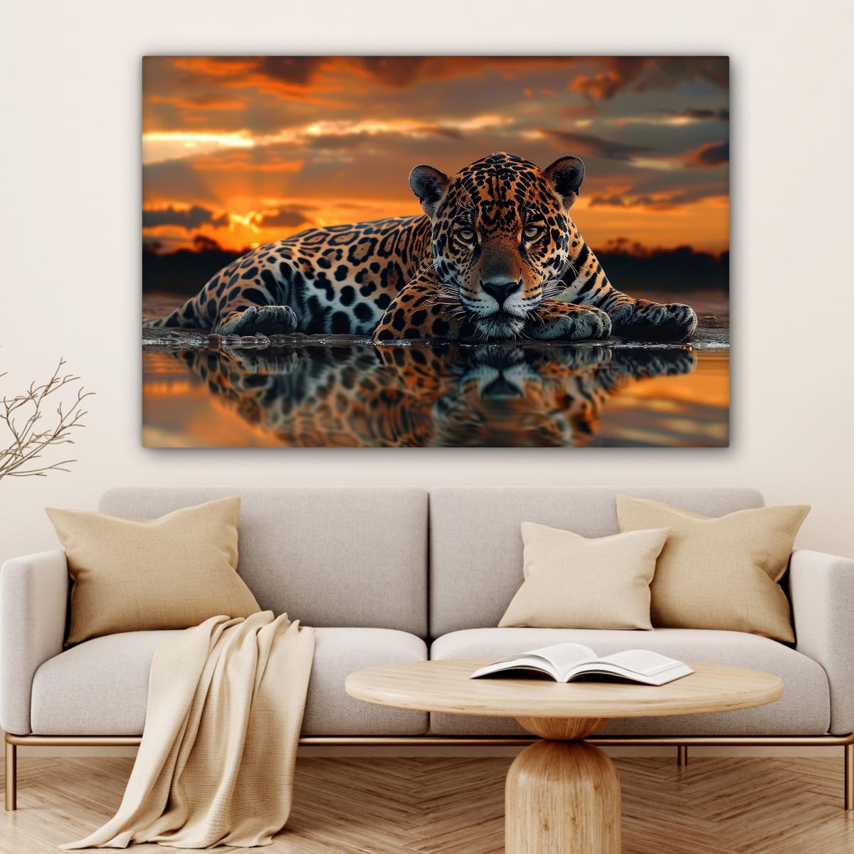 LEINWANDBILD Natur - Leopard - Tier - Sonnenuntergang - Modern XXL 150x100 cm - Orange, Textil (150/100cm) - MuchoWow
