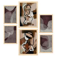 POSTER Set Mit 6 Nachkommenskunst In Weibliche Zusammenfassung Ästhetische Dekorative Gemälde Für Ihr Zuhause A3 & A4 Rahmen Aus Hellem Holz - Beige, Papier (29/3cm) - Nacnic