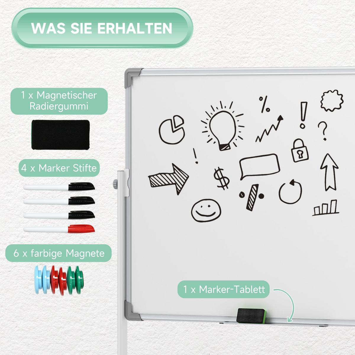 WHITEBOARD,120 x 90 cm, magnetisch, drehbar, mobil, inkl. Marker & Schwamm - Weiß, Metall (50/165/127cm) - HOMCOM