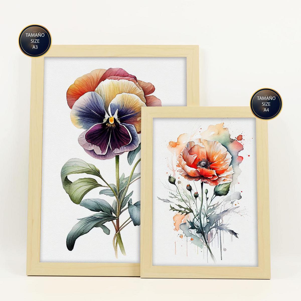 POSTER Set Mit 6 Dunkle Blumen Vollfarbige Natur Und Botanikdrucke Mit Blumenmotiven Auf Reinweißen Hintergründen A3 & A4 Rahmen Aus Hellem Holz - Beige, Papier (29/3cm) - Nacnic