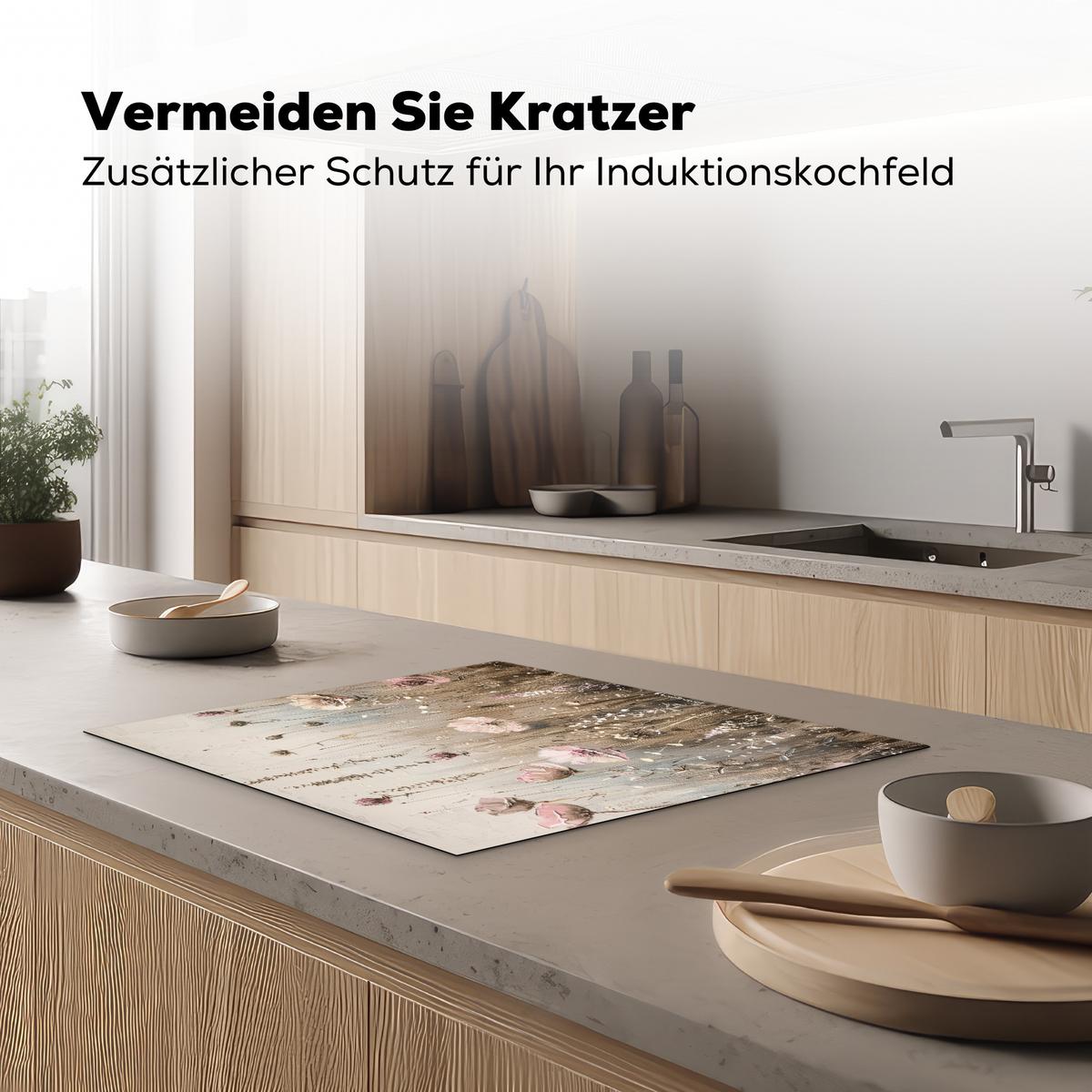 HERDABDECKPLATTE Blumen - Beige - Trockenblumen Herdabdeckung Induktionsfeld 65x52 cm - Beige, Kunststoff (65/52/0.2cm) - MuchoWow