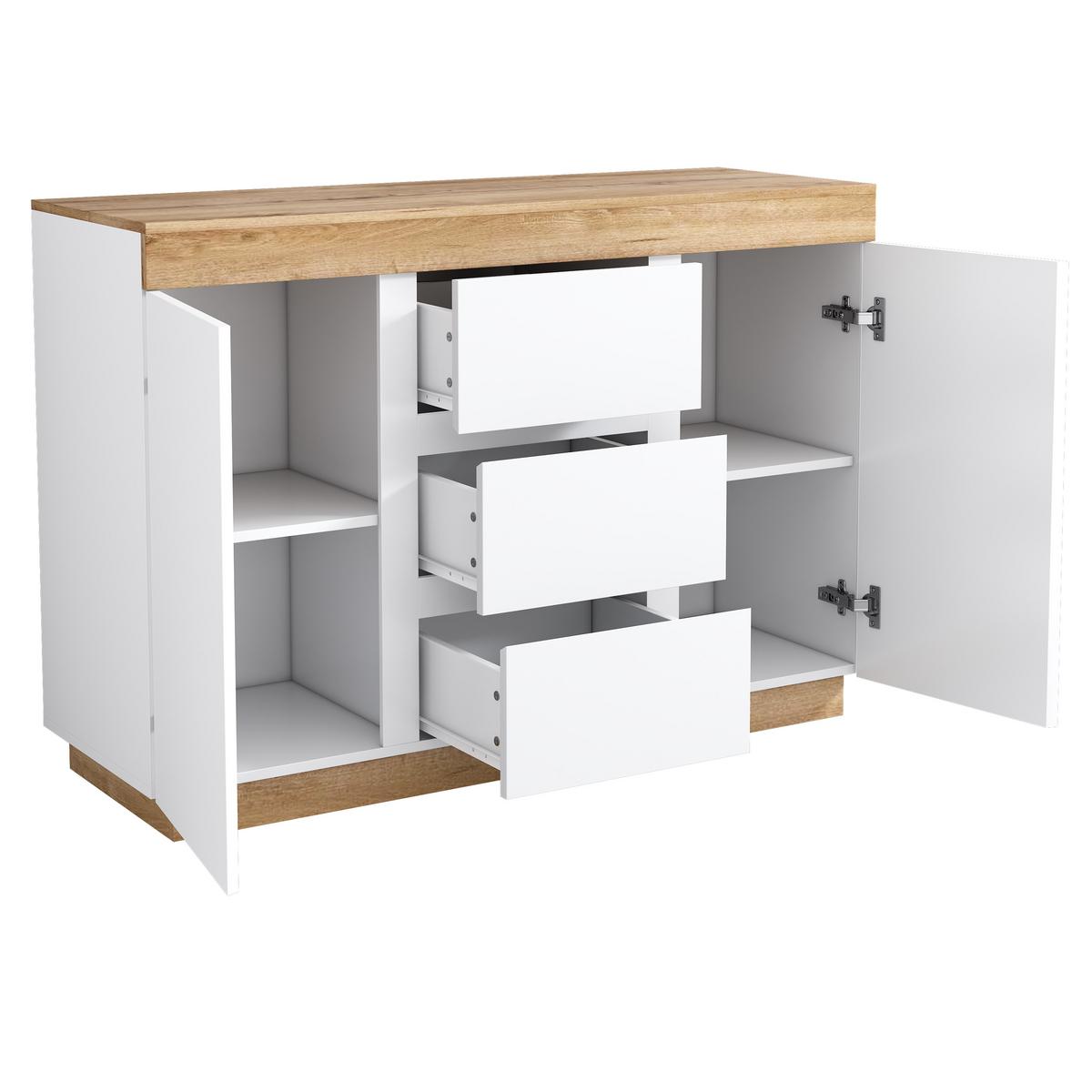 SIDEBOARD weiß eiche 120cm 3 schubladen 2 türen - Weiß, Holzwerkstoff (120.5/82.5/40cm) - Urban Meuble