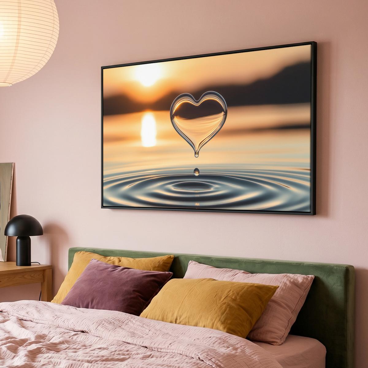 LEINWAND Bilder mit Rahmen - Herz - Wasser - Sonnenuntergang - Natur - Zen - 120x80 - Bernsteinfarben, Textil (120/80cm) - MuchoWow