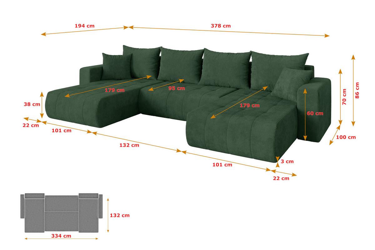 WOHNLANDSCHAFT mit Schlaffunktion und Bettkasten MILA-U 378x194x86 Grün Cord - Dunkelgrün/Schwarz, Holzwerkstoff/Kunststoff (378/86/194cm) - ALTDECOR