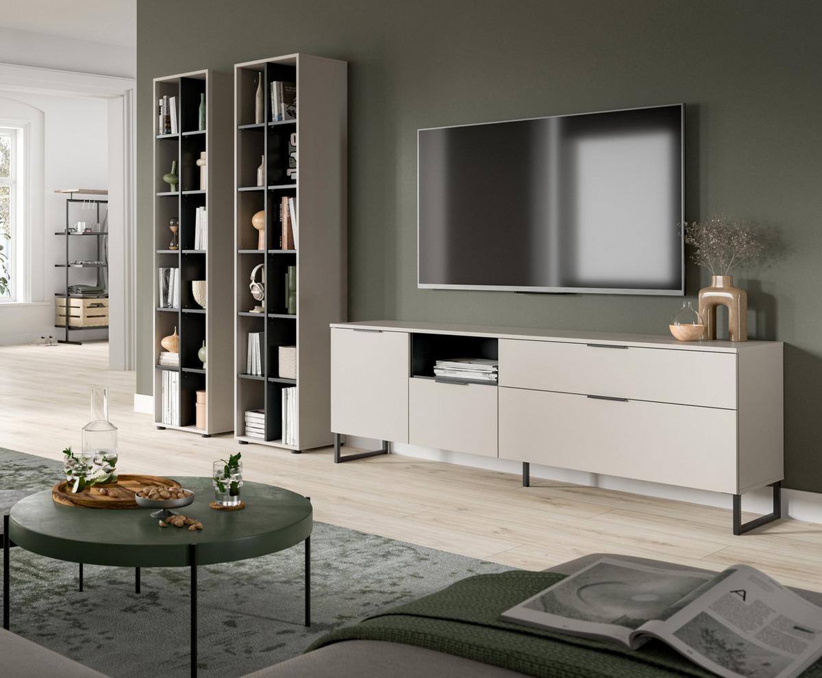 WOHNWAND kaschmir, schwarz 305 cm, Wohnzimmerschränke mit Soft-Close - Kaschmir/Schwarz, Holzwerkstoff/Kunststoff (305/192/41cm) - Inn.Furn