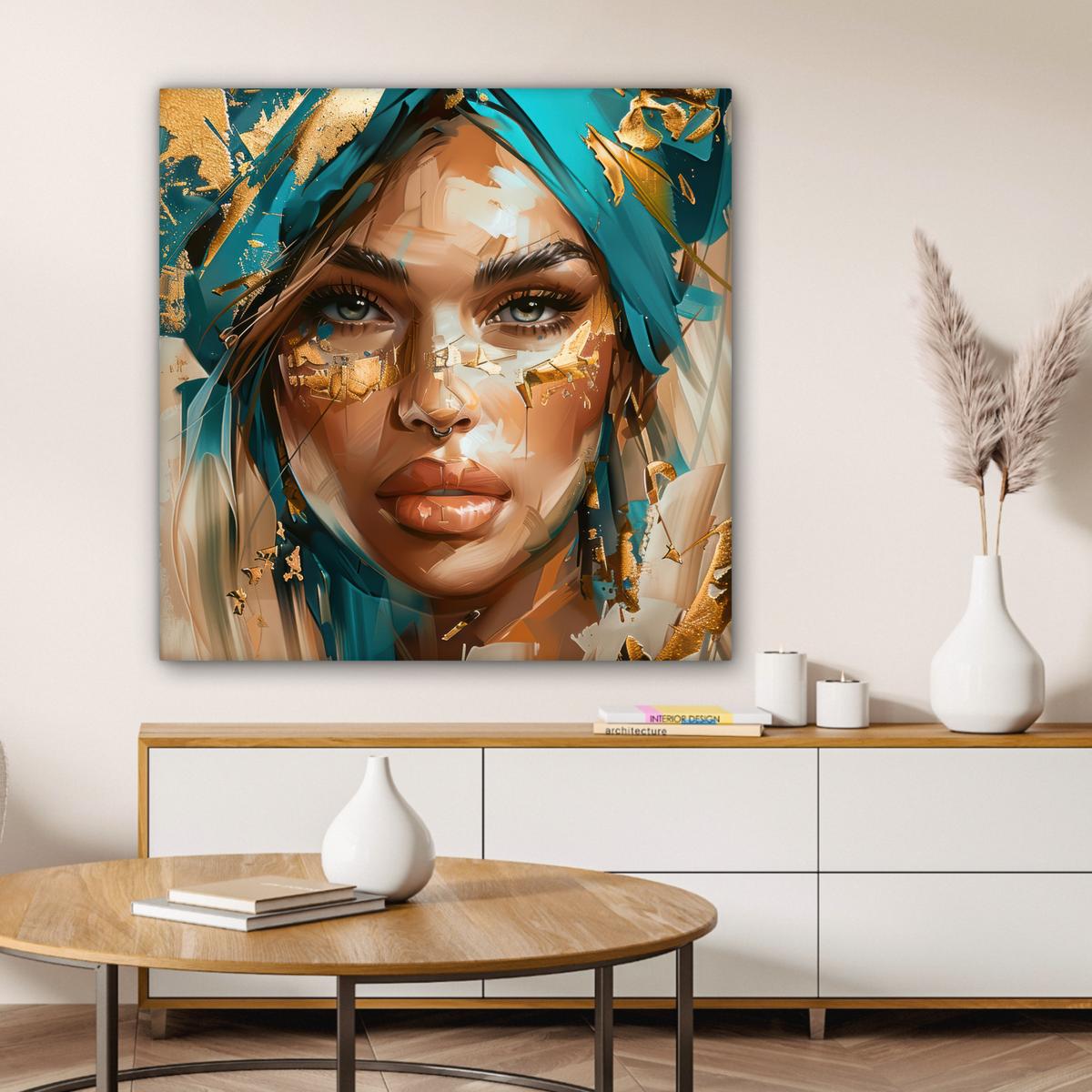 LEINWANDBILD Frau - Porträt - Gold - Luxus - Blau Deko Groß 90x90 cm - Türkis, Textil (90/90cm) - MuchoWow