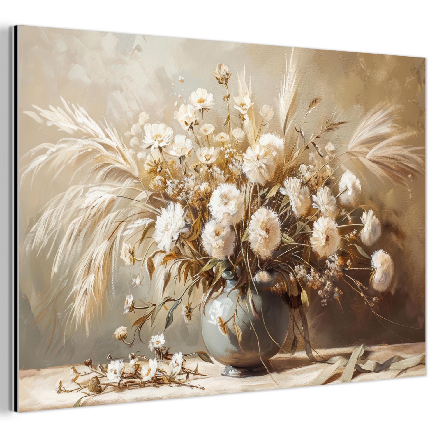 METALLBILD Blumen - Vase - Stilleben - Beige Wanddeko 90x60 cm - Creme, Metall (90/60cm) - MuchoWow