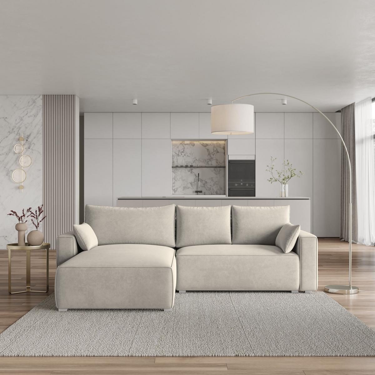 ECKSOFA FORIL Creme Velours-Stoff mit Schlaffunktion - Creme/Grau, Holz/Kunststoff (265/178cm) - MASSENO