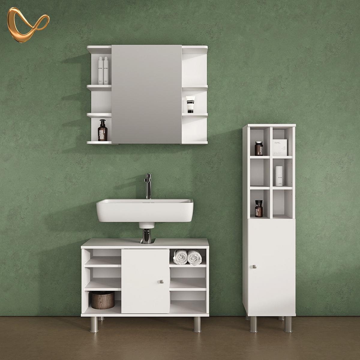 BADMÖBEL-SET Fucino Weiß 3 Teile, mit Midischrank Tür groß - Weiß, Holzwerkstoff (80/54/32cm) - Livinity®