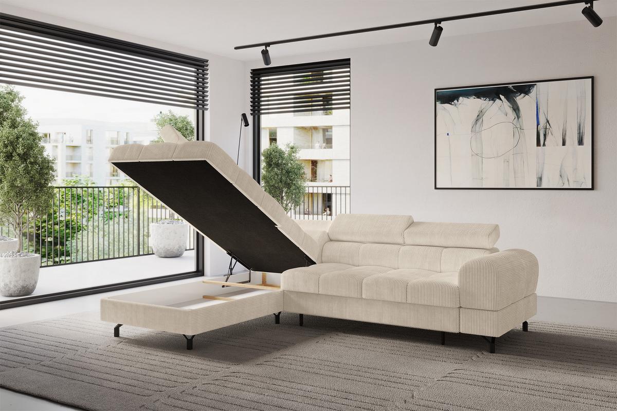 ECKSOFA mit Schlaffunktion Ottomane Links LUMA-L 272x203x70 Beige Cord - Beige/Schwarz, Holzwerkstoff/Kunststoff (272/203cm) - ALTDECOR