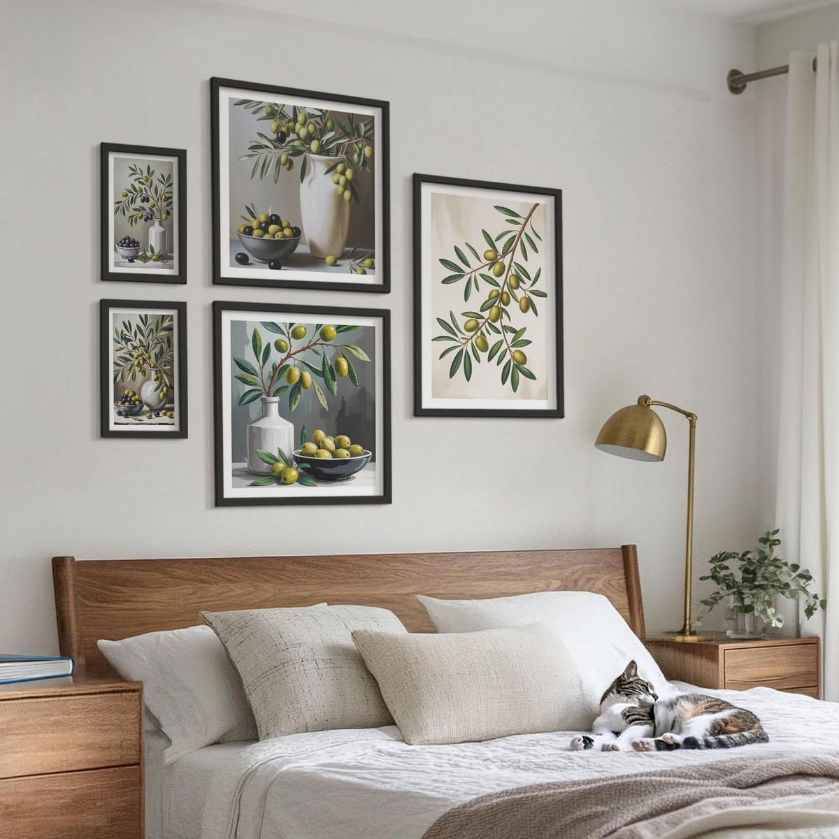 BILDER SET 5er Set - 50x50 cm & 20x30 cm & 40x60 cm Schwarzer Rahmen - Oliven in grauen Vasen - Schwarz, Kunststoff (40/60cm) - TULUP