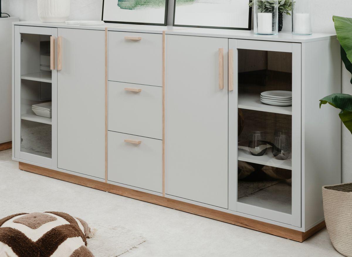 SIDEBOARD grau, Hickory Walnuss 204 cm, Kommode mit viel Stauraum - Walnussfarben/Hellgrau, Glas/Holzwerkstoff (204/94/40cm) - Furn.Design