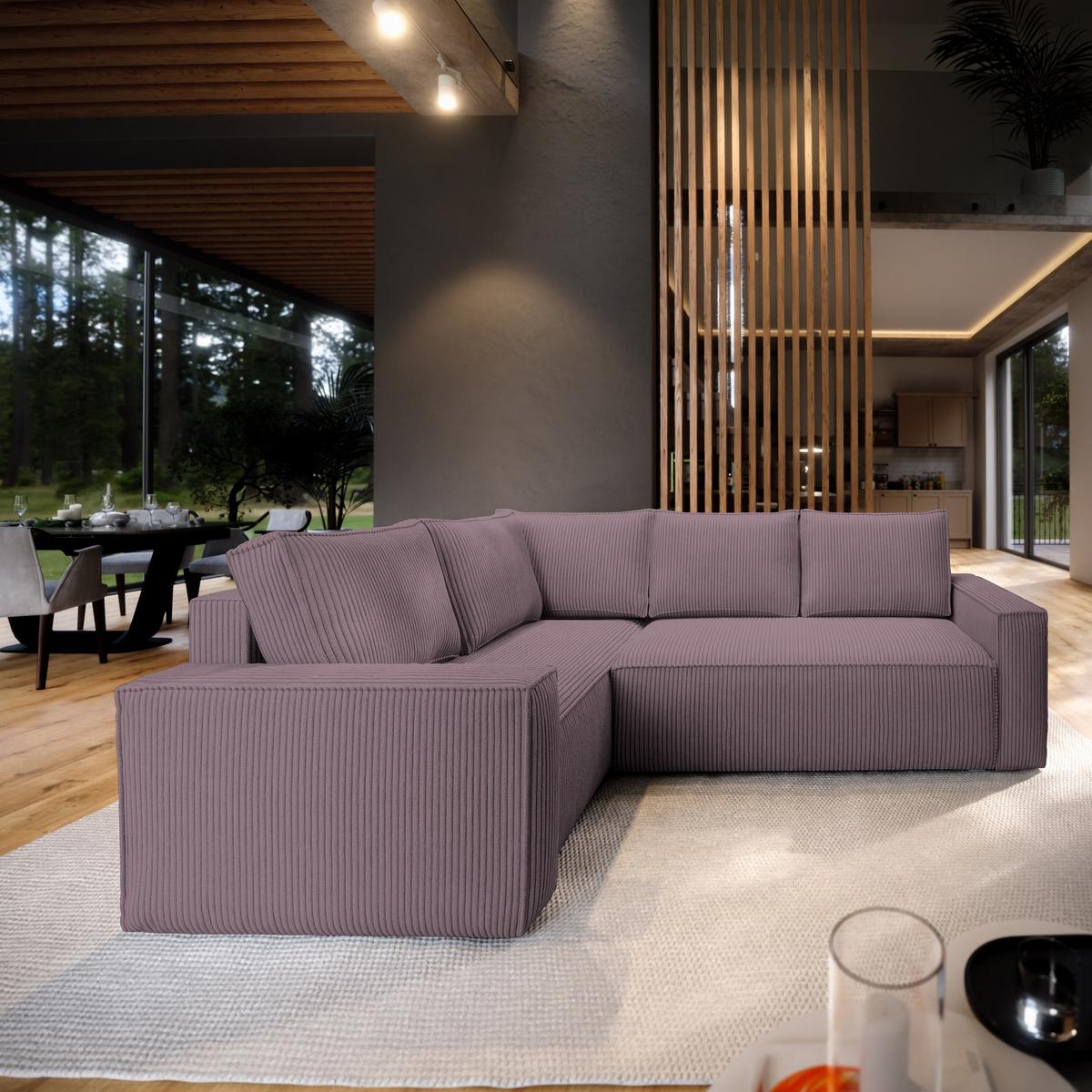 ECKSOFA ESTANO L-S Lila Kordstoff mit Schlaffunktion - Lila, Holz (230/158cm) - MASSENO