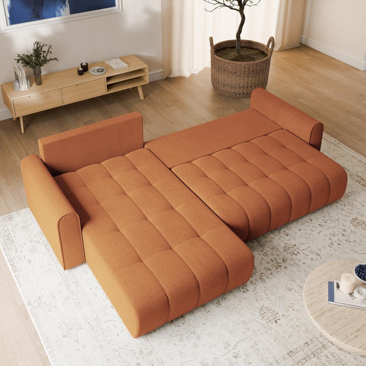 ECKSOFA FRIGA Orange Strukturstoff mit Schlaffunktion - Orange, Holz (283/185cm) - MASSENO