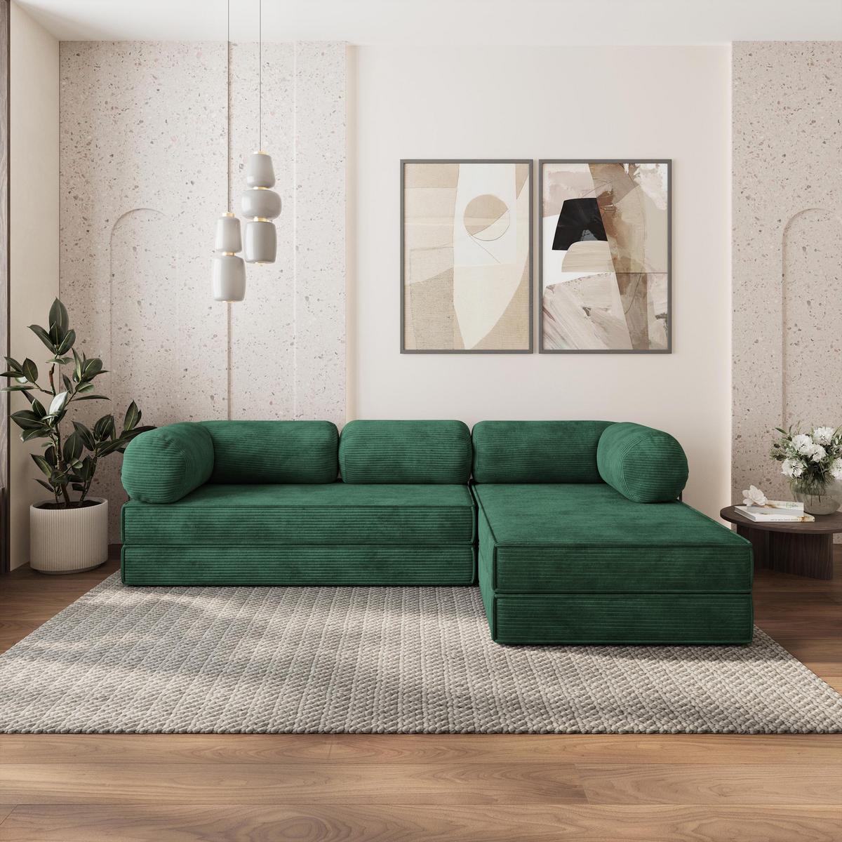 ECKSOFA ETERA modulares Boneless Sofa mit Schlaffunktion Grün Kordstoff - Grün, Textil (270/160cm) - MASSENO