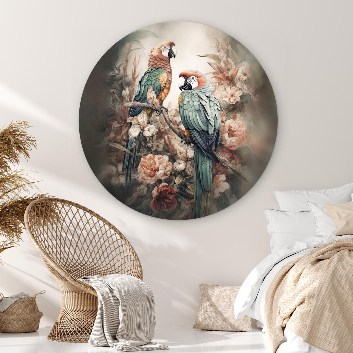 WANDBILD Papageien - Vögel - Natur - Blumen Deko Groß 150x150 cm - Baltimorefarben, Kunststoff (150/150cm) - MuchoWow