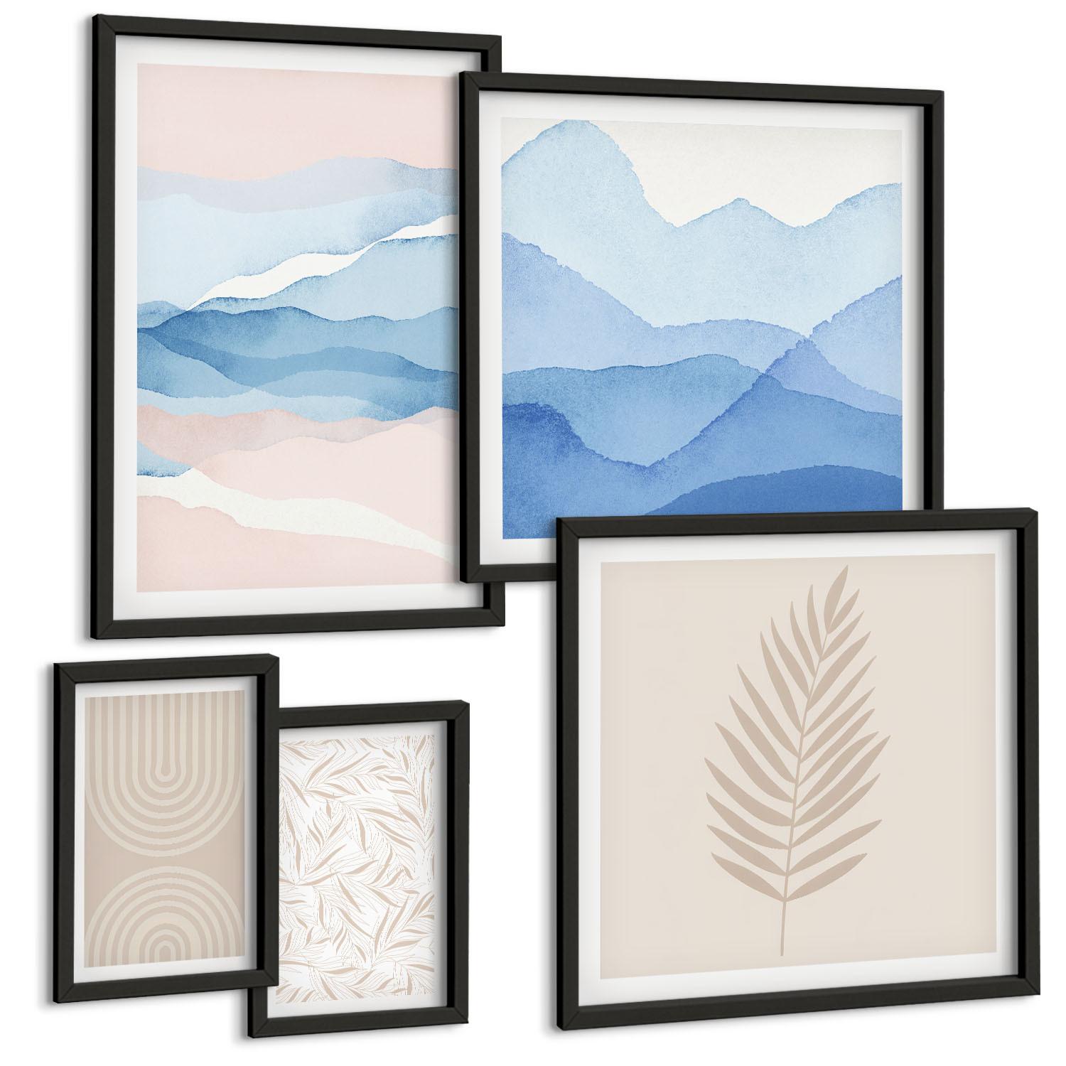 BILDER SET 5er Set - 50x50 cm & 20x30 cm & 40x60 cm Schwarzer Rahmen - Blätterwellen beige blau - Schwarz, Kunststoff (40/60cm) - TULUP