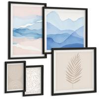 BILDER SET 5er Set - 50x50 cm & 20x30 cm & 40x60 cm Schwarzer Rahmen - Blätterwellen beige blau - Schwarz, Kunststoff (40/60cm) - TULUP