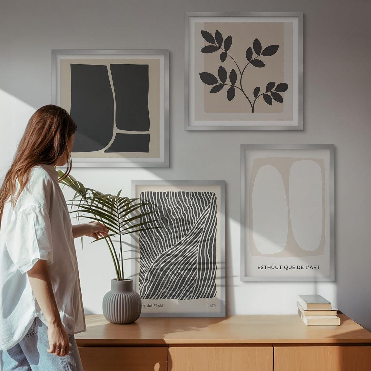BILDER SET 4er Set - 50x50 cm & 40x60 cm Silberner Rahmen - Minimalistische Pflanzenmuster - Silberfarben, Kunststoff (50/50cm) - TULUP