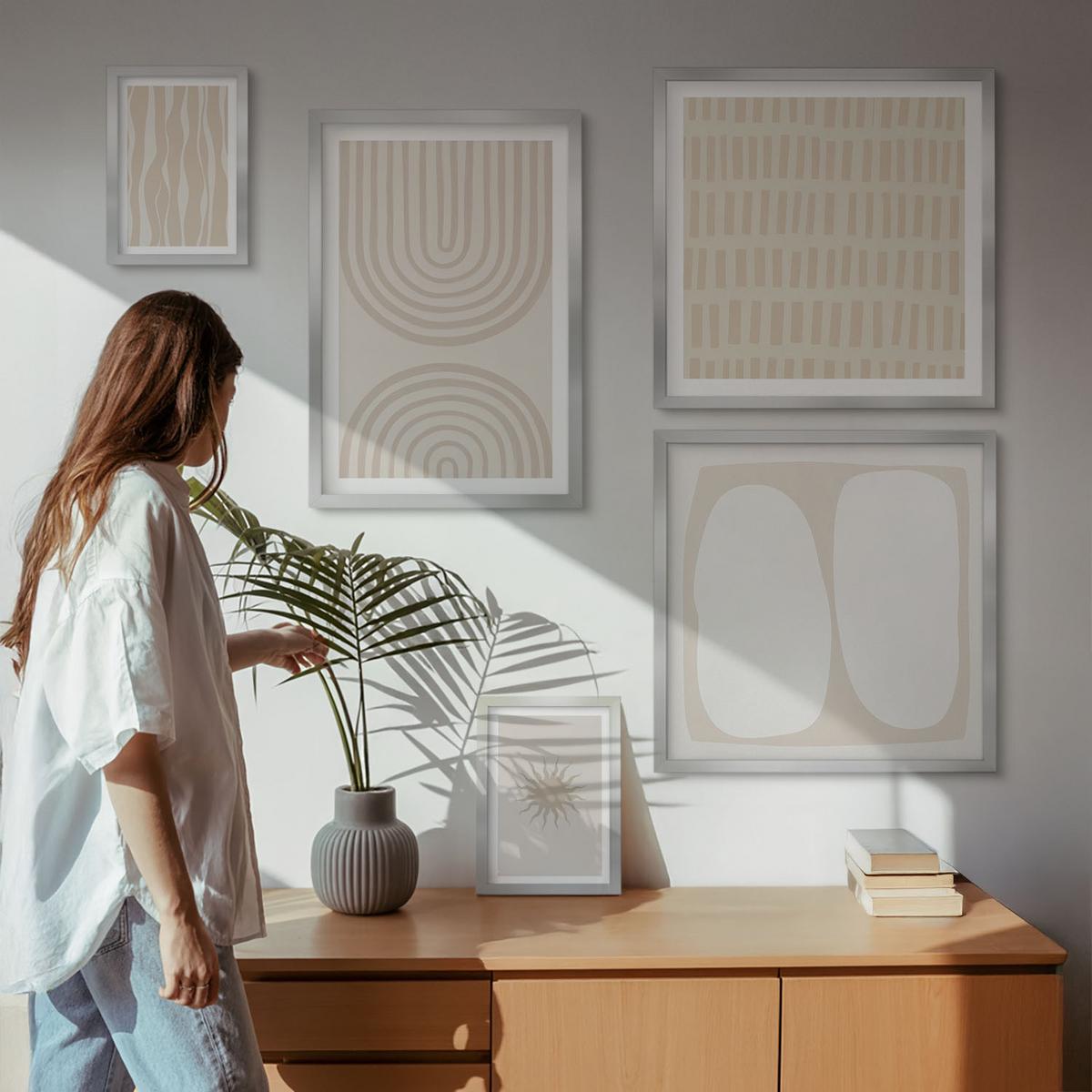 BILDER SET 5er Set - 50x50 cm & 20x30 cm & 40x60 cm Silberner Rahmen - Abstrakte Boho-Musterformen - Silberfarben, Kunststoff (40/60cm) - TULUP