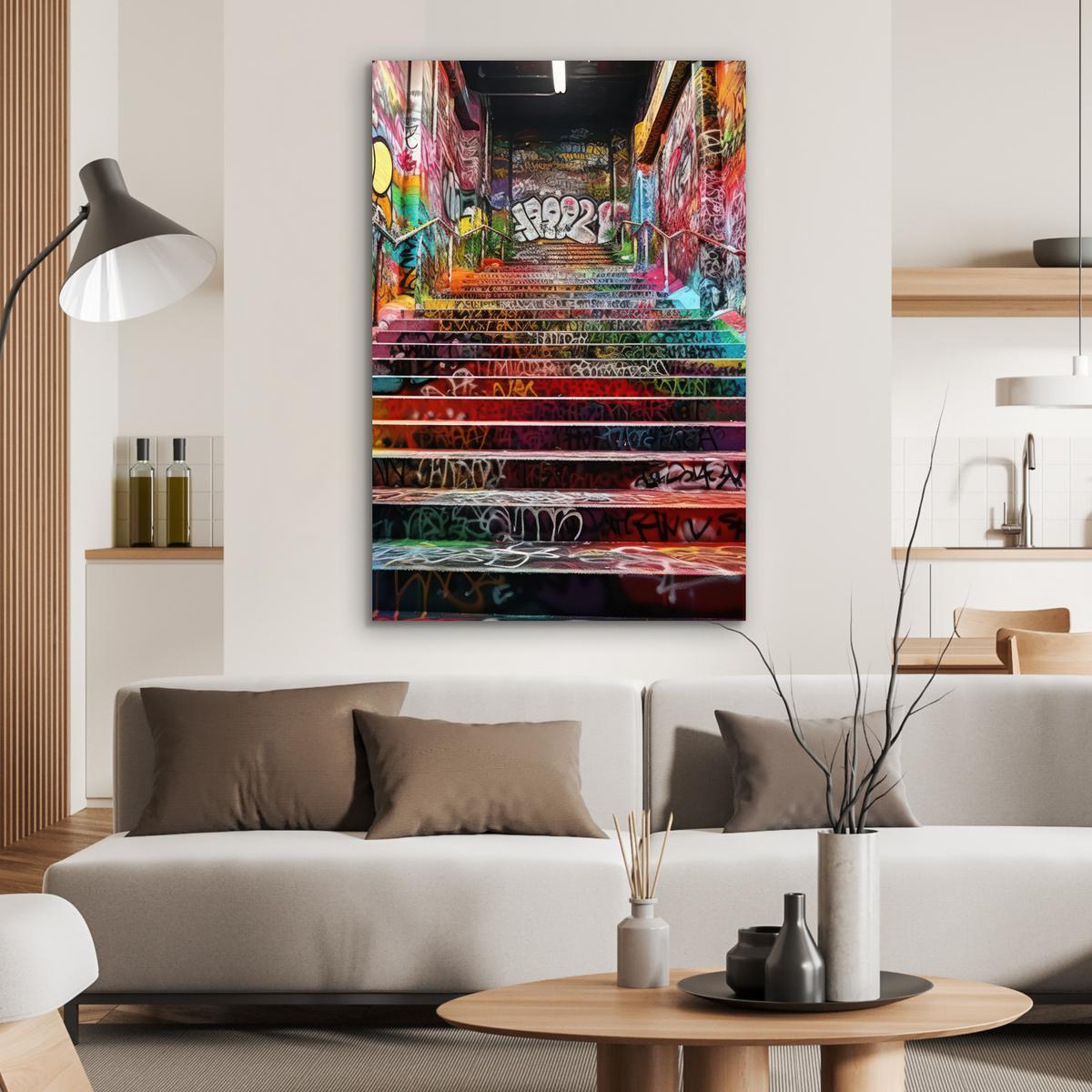METALLBILD Treppe - Graffiti - Farben - Kunst 80x120 cm - Multicolor, Metall (80/120cm) - MuchoWow