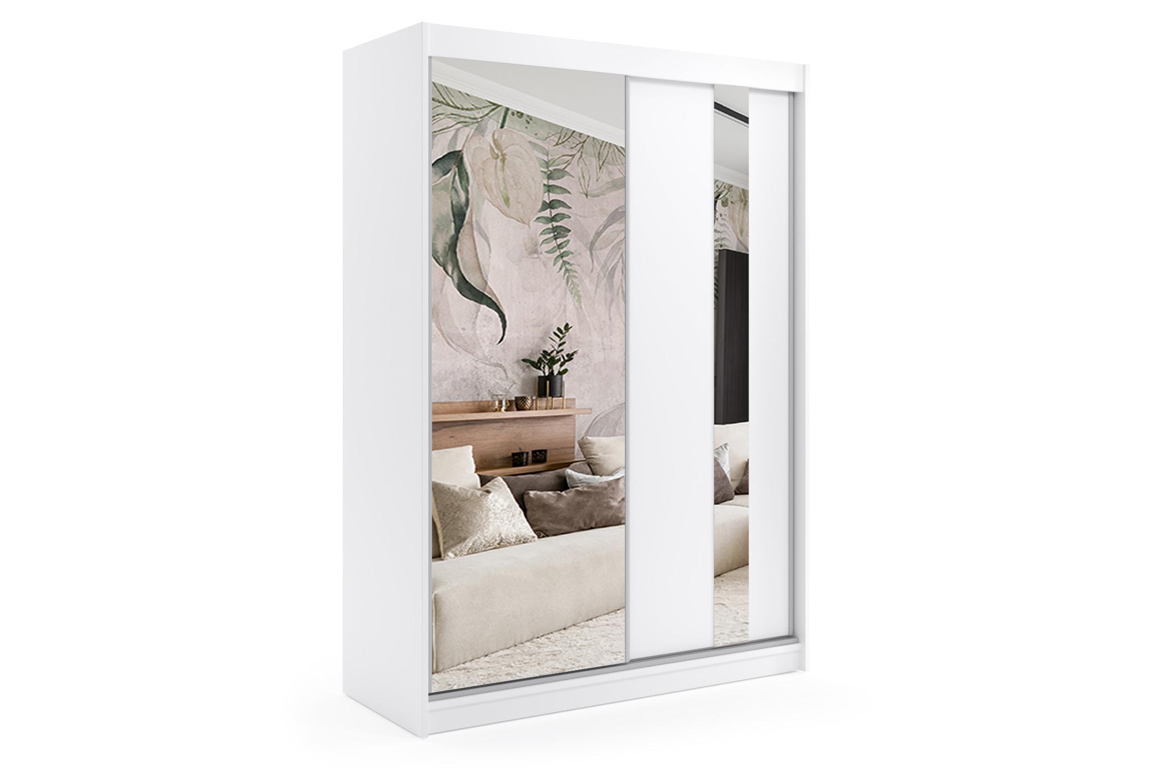 KLEIDERSCHRANK mit Spiegel-Schiebetüren und Aluminium-Leisten - GRACE - 150 cm Weiß - Weiß, Holzwerkstoff (150/216/61cm) - ALTDECOR