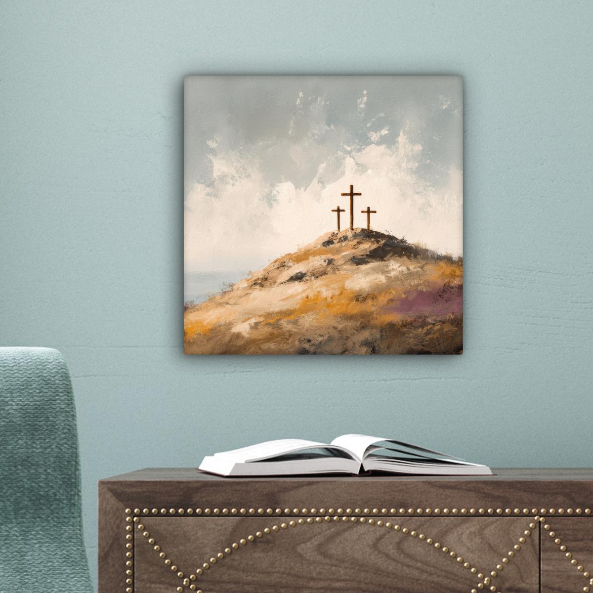 LEINWANDBILD Hügel - Abstrakt - Christentum - Kreuz Deko Wohnzimmer 20x20 cm - Hellgrau, Textil (20/20cm) - MuchoWow