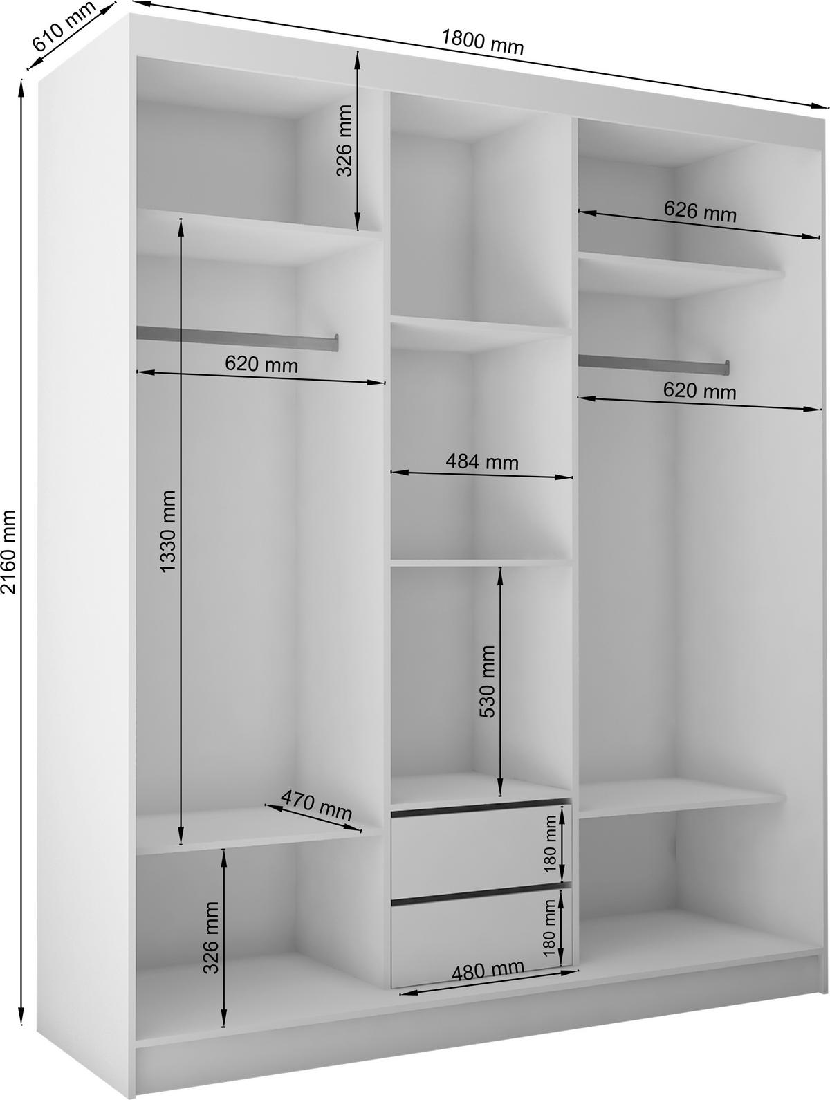 SCHWEBETÜRENSCHRANK Cabinio Weiß Eiche Artisan 180/216/61 cm – mit Spiegel und Lamellen - Walnussfarben/Weiß, Holzwerkstoff/Kunststoff (180/216/61cm) - AX Living