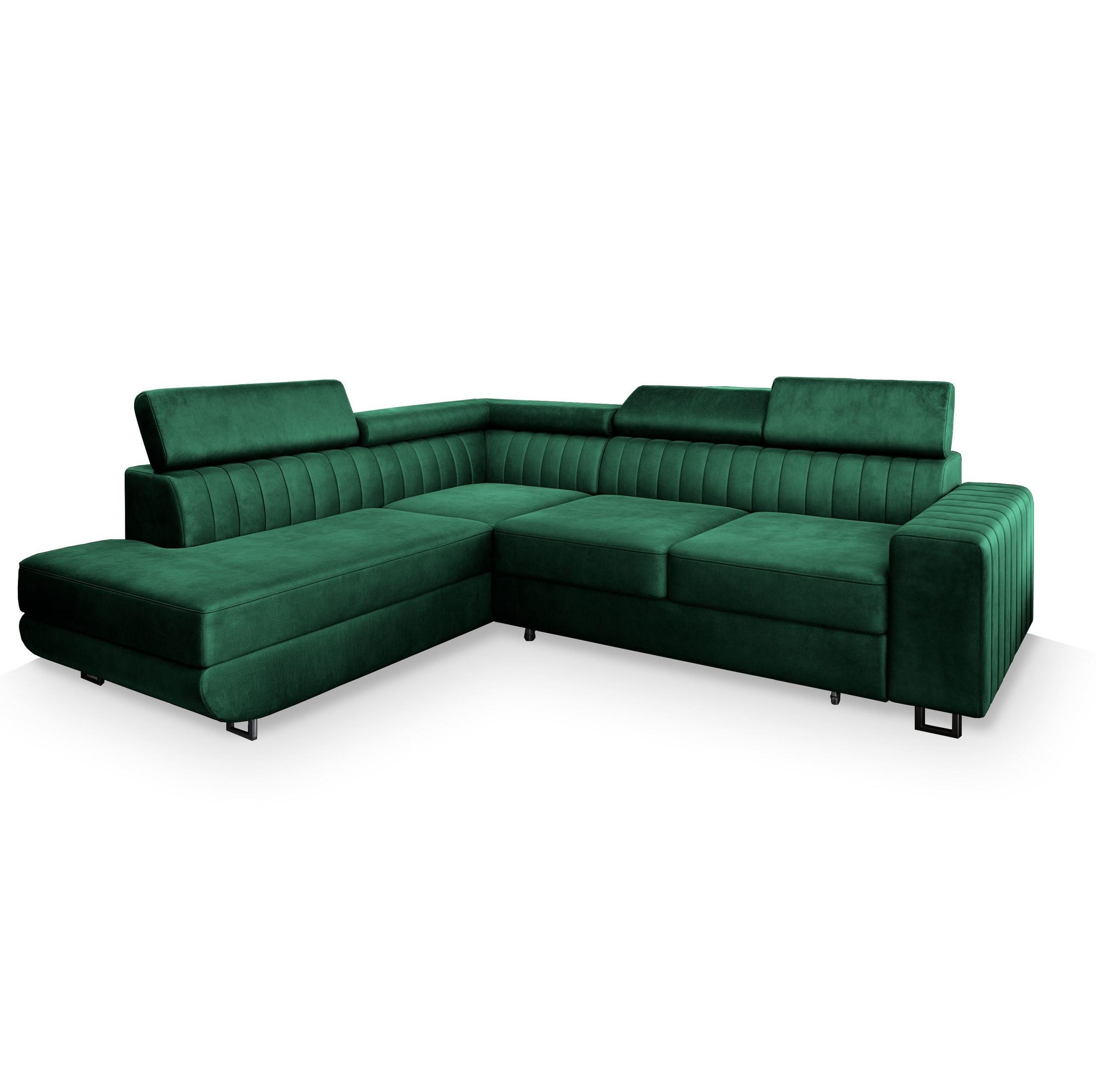 ECKSOFA NOLA L-S Grün Velours-Stoff mit Schlaffunktion - Silberfarben/Grün, Holz/Textil (253/190cm) - MASSENO