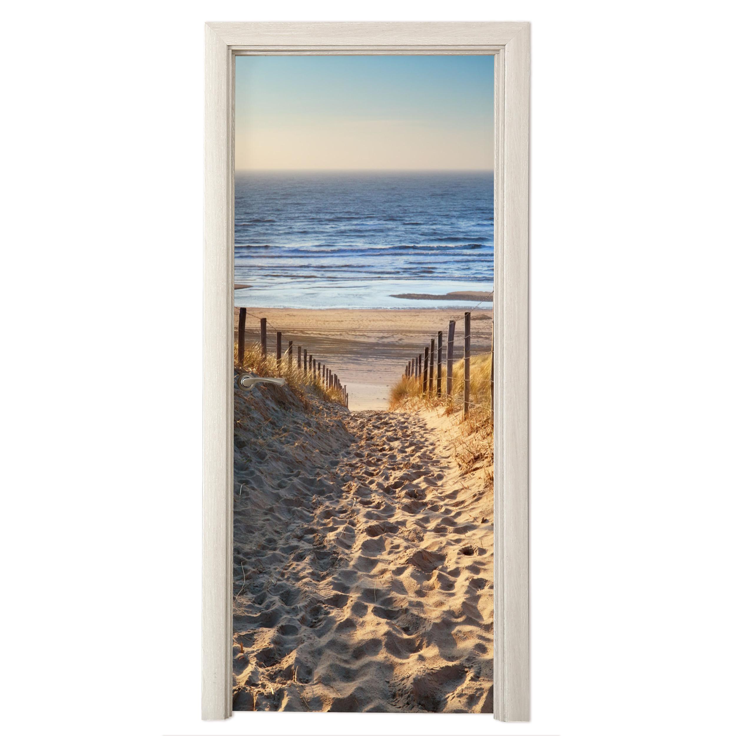 TÜRAUFKLEBER Strand - Meer - Niederlande - Dünen - Sonne 90x215 cm - Türtapete - Blau, Kunststoff (90/0.1cm) - MuchoWow
