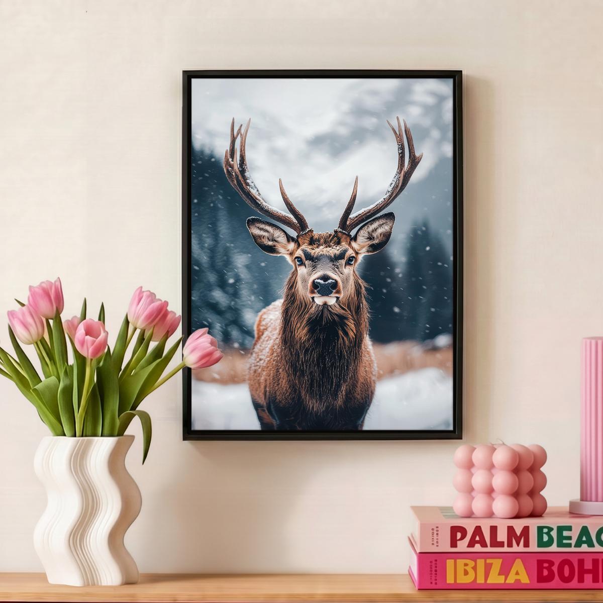 LEINWAND Bilder mit Rahmen - Hirsche - Tiere - Landschaft - Winter - Schnee - 30x40 - Kastanienfarben, Textil (30/40cm) - MuchoWow