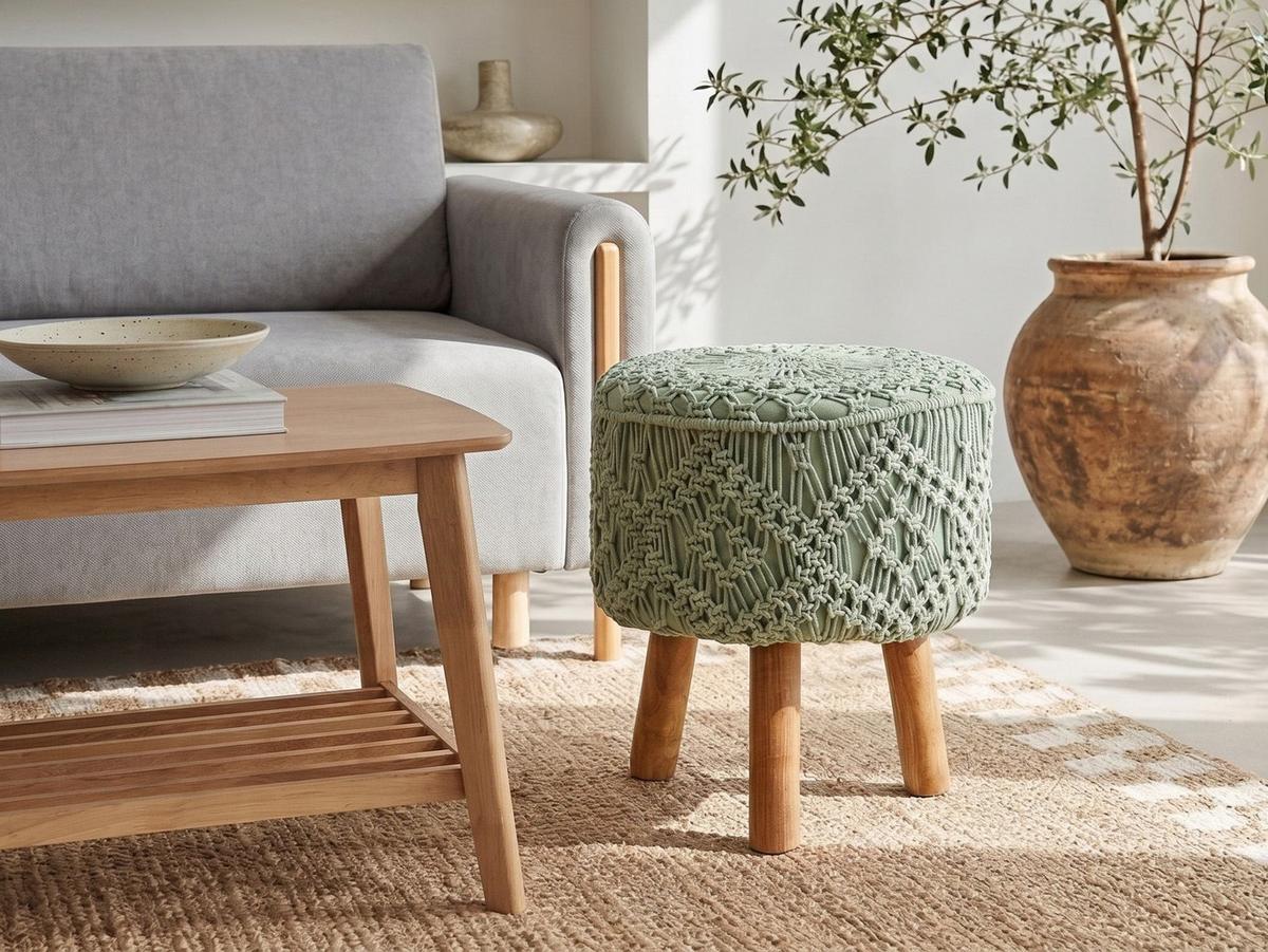 HOCKER Makramee Baumwolle Hellgrün Manzai - Hellgrün, Textil (40/44/40cm) - Beliani